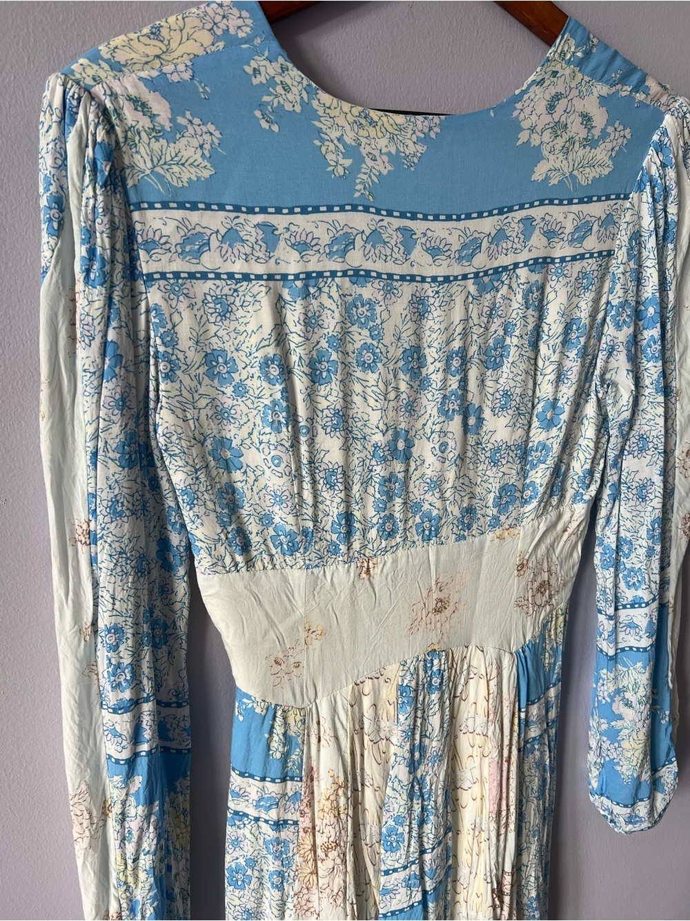 Free People Blue and Cream Floral Long Sleeve Mini Dress - Picture 7 of 9